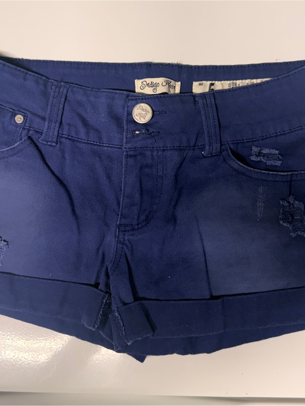 Indigo Rein Womens Navy Distressed Denim Shorts sz 5